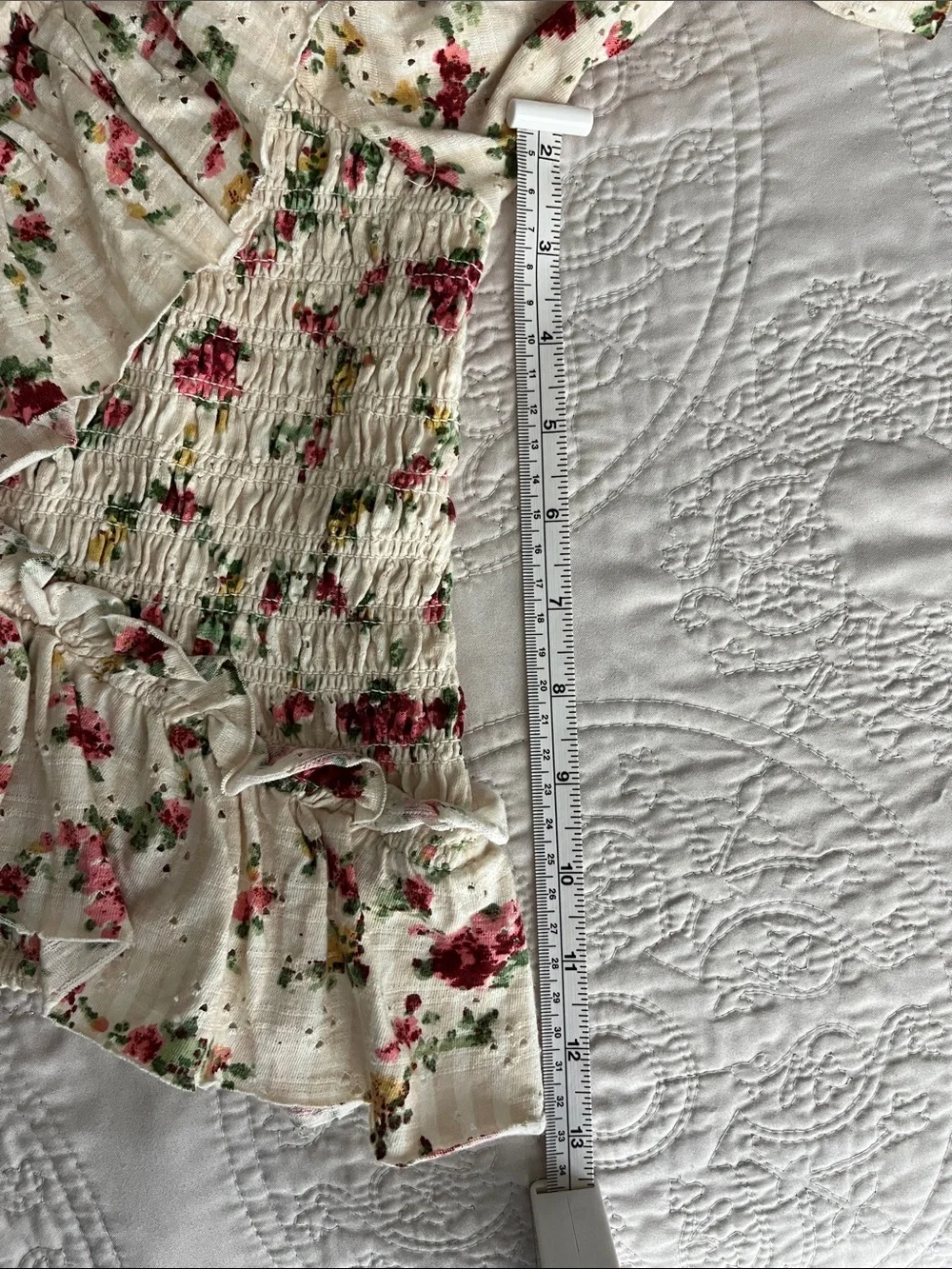 Free People Favorite Girl Smocked Floral Crop Top Cream Ruffle Shabby Chic M